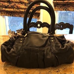 Black Leather Satchel Bag with black and white bow